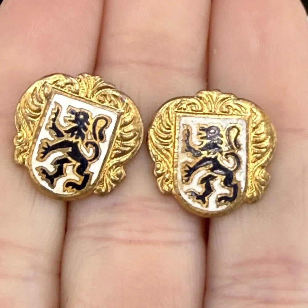 Vintage Estate Cufflinks Gold Tone Heraldic Coat of Arms Lion Rampant Enamel‎